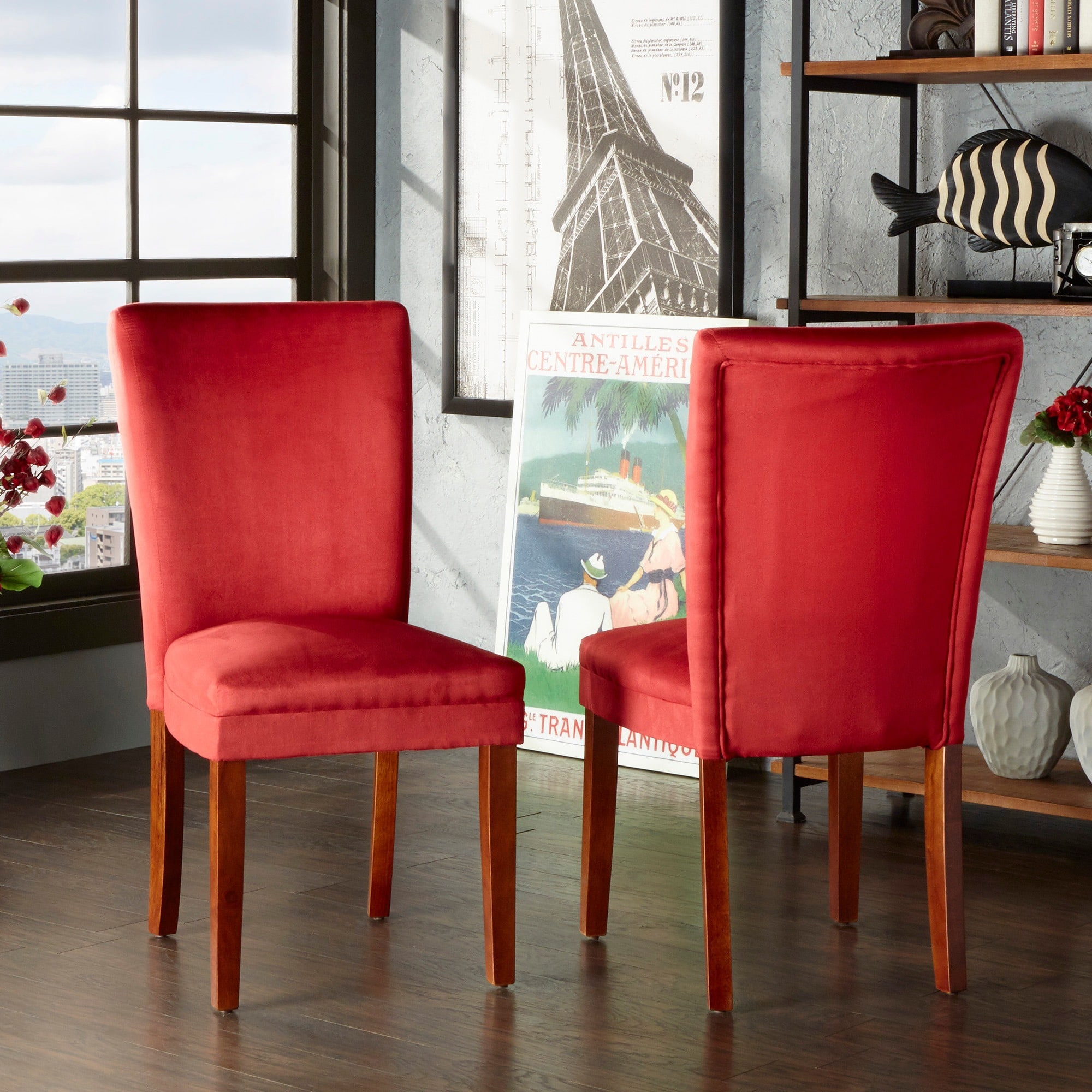 4 red dining chairs