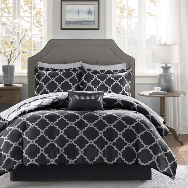 Madison Park Essentials Alameda Black Reversible Complete Comforter and Cotton Sheet Set