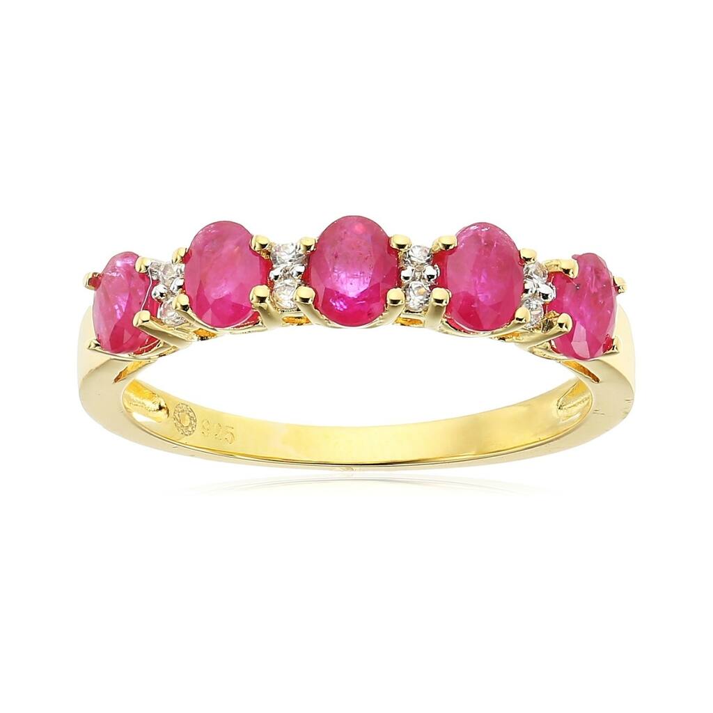 Yellow Gold-Plated Silver Burmese Ruby & White Zirconia Ring