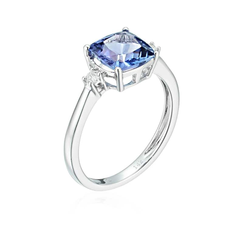 14k White Gold Cushion Tanzanite & Diamond Solitaire Ring