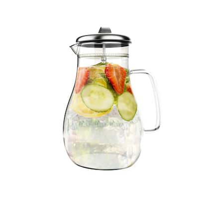 Glass Pitcher-64oz. Carafe with Stainless Steel Filter Lid- Heat Resistant to 300F-For Water, Coffee and more by Classic Cuisine