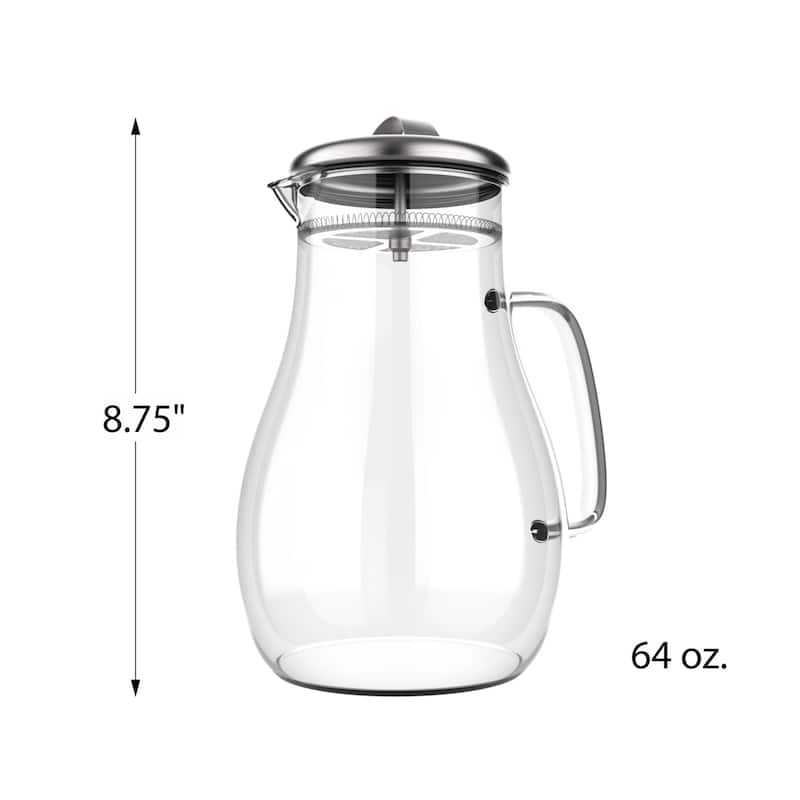 Glass Pitcher-64oz. Carafe with Stainless Steel Filter Lid- Heat Resistant to 300F-For Water, Coffee and more by Classic Cuisine
