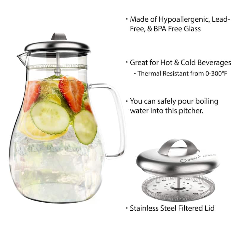 Glass Pitcher-64oz. Carafe with Stainless Steel Filter Lid- Heat Resistant to 300F-For Water, Coffee and more by Classic Cuisine