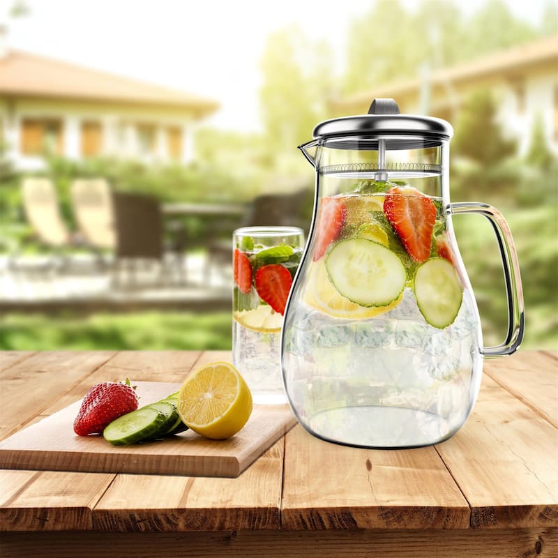 Glass Pitcher-64oz. Carafe with Stainless Steel Filter Lid- Heat Resistant to 300F-For Water, Coffee and more by Classic Cuisine