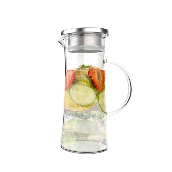 Glass Pitcher-50oz. Carafe with Stainless Steel Filter Lid- Heat Resistant to 300F-For Water, Coffee and More by Classic Cuisine