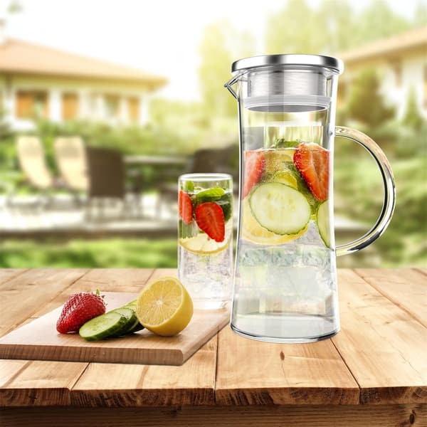 Glass Pitcher-50oz. Carafe with Stainless Steel Filter Lid-
