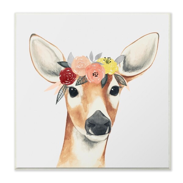 The Stupell Home Decor Collection Doe Eyed Deer in Flower Crown Wall Plaque Art, 12 x 0.5 x 12, Made in USA - 12 x 12