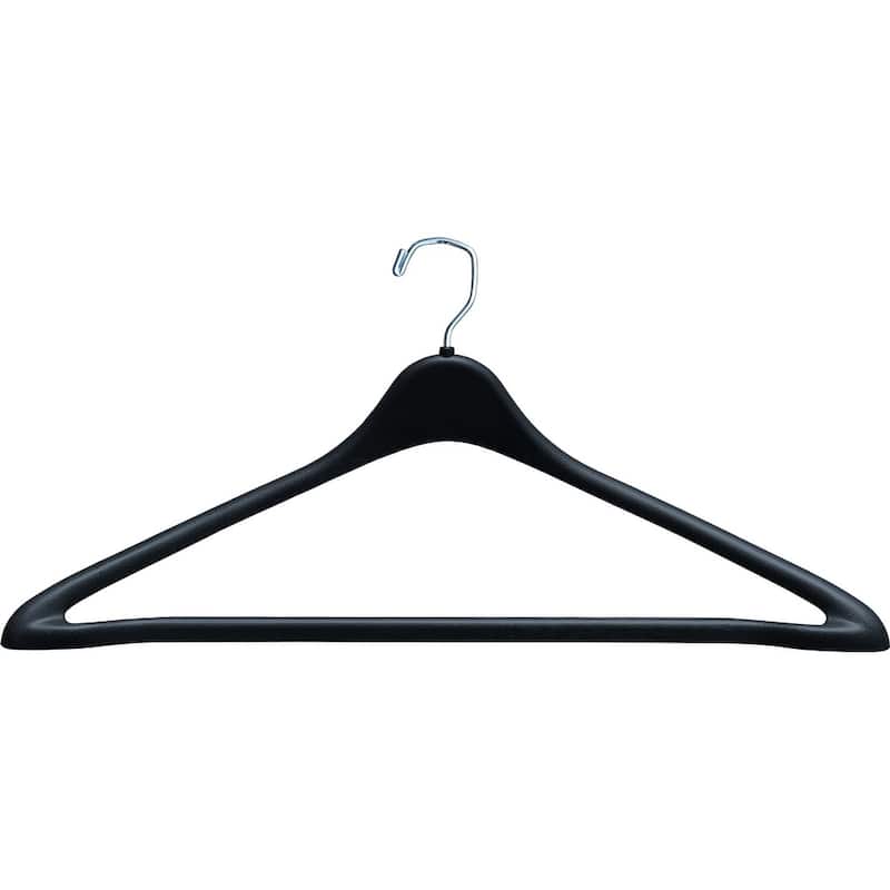 Rugged Black Plastic Suit Hanger with Fixed Bar and Chrome Swivel Hook