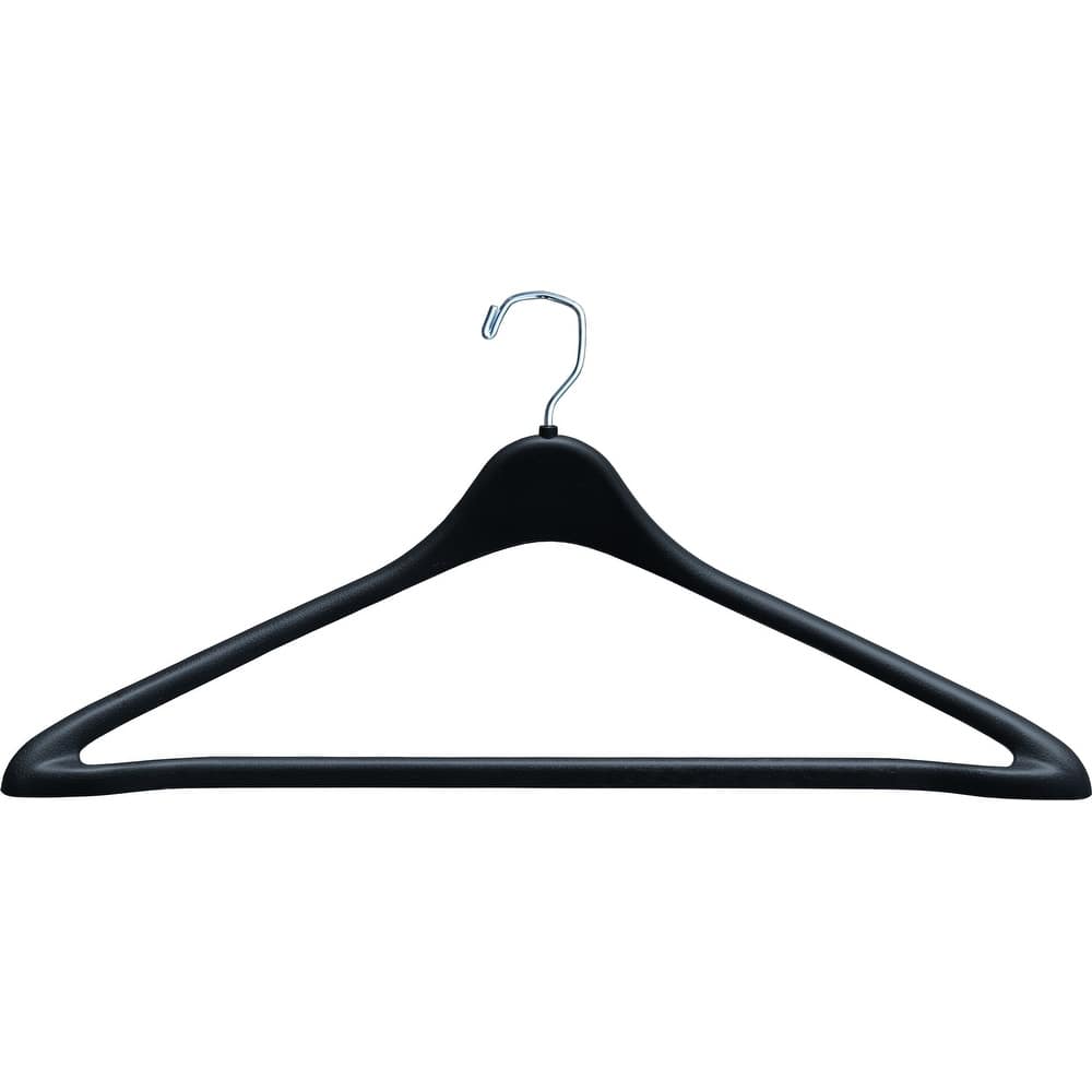 Rugged Black Plastic Suit Hanger with Fixed Bar and Chrome Swivel Hook