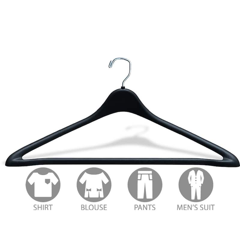 Rugged Black Plastic Suit Hanger with Fixed Bar and Chrome Swivel Hook