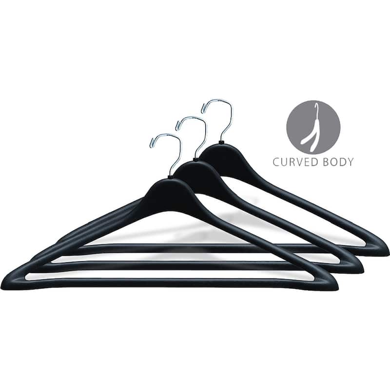 Rugged Black Plastic Suit Hanger with Fixed Bar and Chrome Swivel Hook