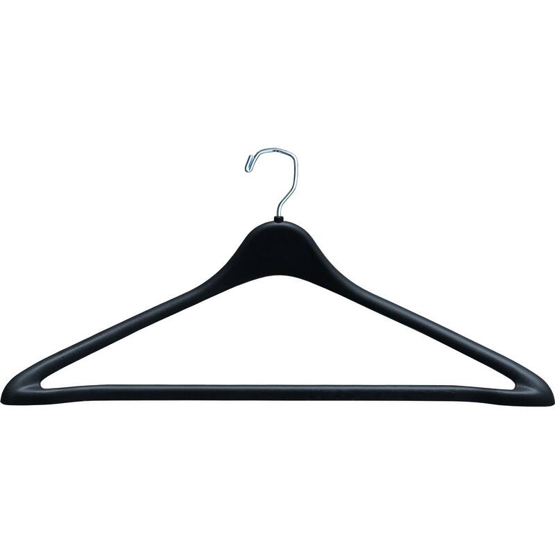 Rugged Black Plastic Suit Hanger with Fixed Bar and Chrome Swivel Hook