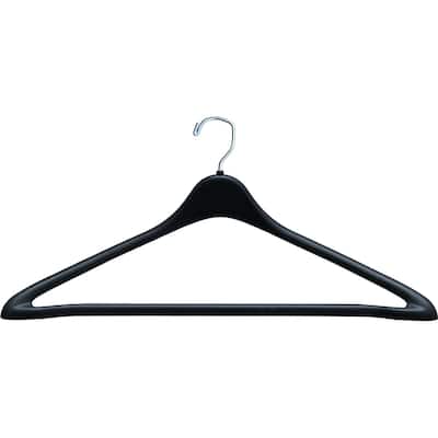 Rugged Black Plastic Suit Hanger with Fixed Bar and Chrome Swivel Hook