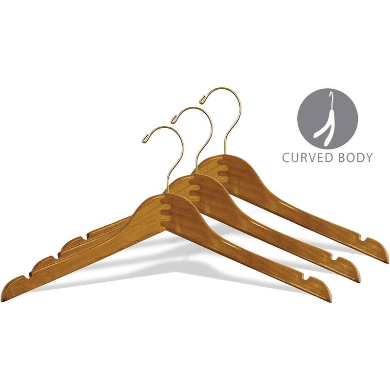 Curved Petite Top Hanger in Honey Finish with Notches and Brass Hook
