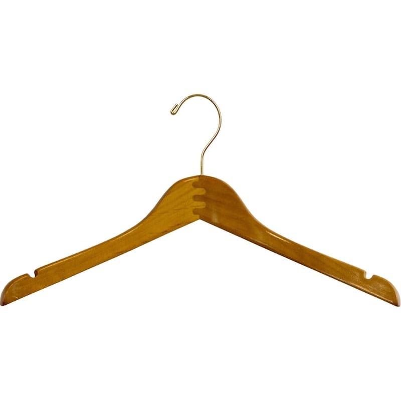 Curved Petite Top Hanger in Honey Finish with Notches and Brass Hook - honey box of 25