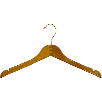 Curved Petite Top Hanger in Honey Finish with Notches and Brass Hook