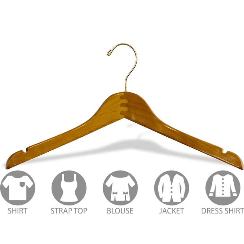 Curved Petite Top Hanger in Honey Finish with Notches and Brass Hook