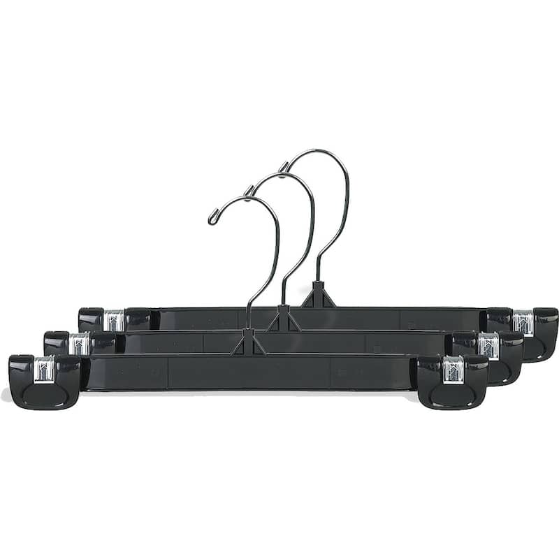 Classic Black Plastic Pant Hanger with Pinch Grips and Chrome Swivel Hook