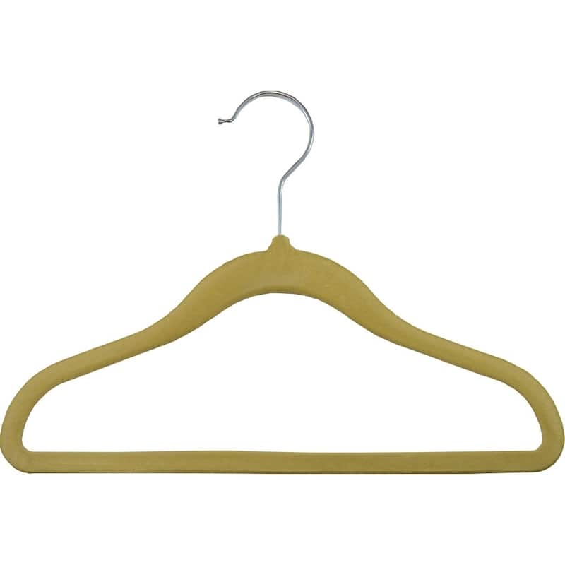 Kids Slimline Hangers, 11 Inch Non-Slip Velvet Suit Hangers with Chrome Swivel Hook - tan box of 25