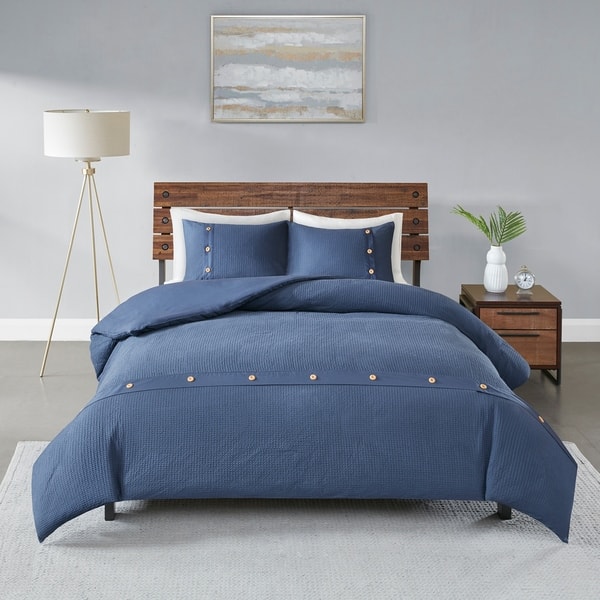 Shop Madison Park Rianon Navy 3 Piece Cotton Waffle Weave Duvet