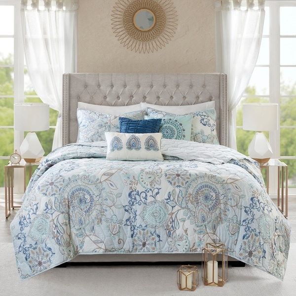 Madison Park Loleta Blue 6 Piece Cotton Reversible Coverlet Set