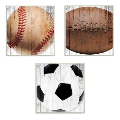 Stupell Baseball Football Soccer Wood Planks 3pc Wall Plaque Art Set, 12 x 0.5 x 12, Made in USA - 12 x 12