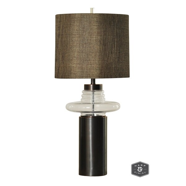 Harp Finial Prague 1 Light Dark Brown Metal Table Lamp With Clear Gl Hardback Fabric Shade