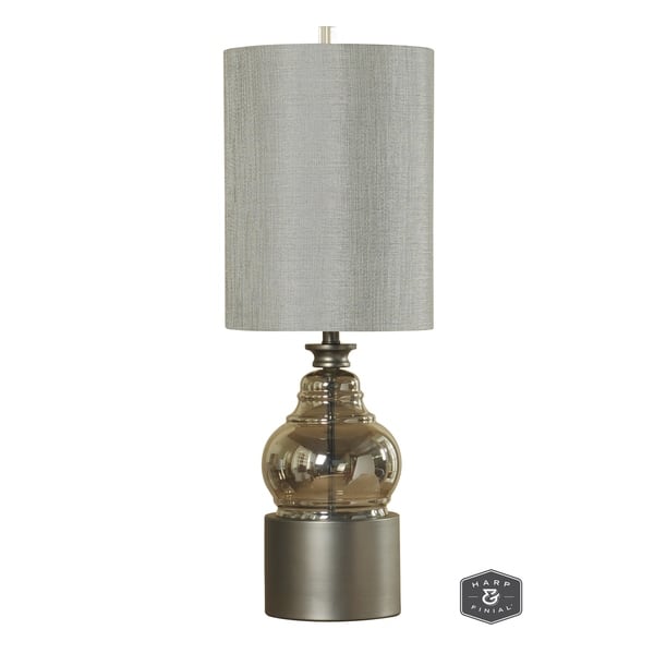 Harp Finial Cordoba 1 Light Champagne Table Lamp With Plated Metal Base Grey Hardback Fabric Shade Harp Finial Cordoba 1 Light Champagne Table Lamp With Plated Metal Base Grey Hardback Fabric Shade