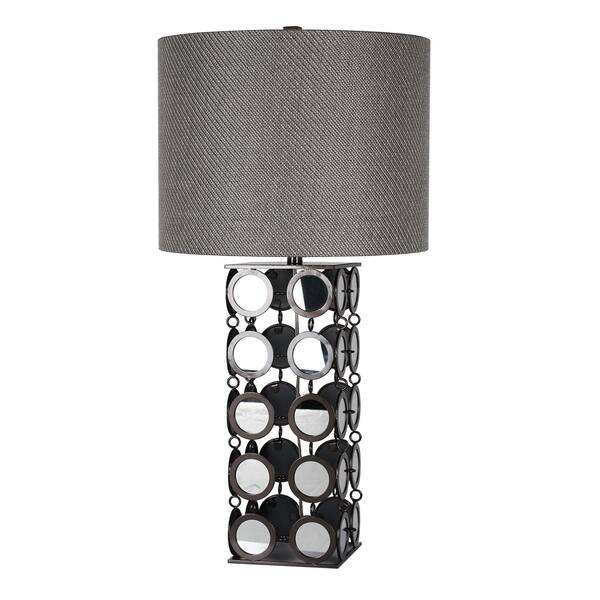 Harp Finial Hyatt 1 Light Plain Mirror And Hand Printed Gunmetal Table Lamp Grey Hardback Fabric Shade Harp Finial Hyatt 1 Light Plain Mirror And Hand Printed Gunmetal Table Lamp Grey Hardback Fabric Shade