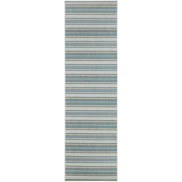 Samantha Sand Stripe Ivory-Blueish Green Indoor/Outdoor Runner Rug - 2'3" x 7'10" Runner
