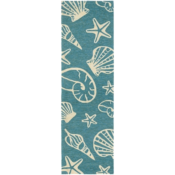 Picadilly Sea Shells Teal-Ivory Indoor/Outdoor Runner Rug - 2'6" x 8'6" Runner