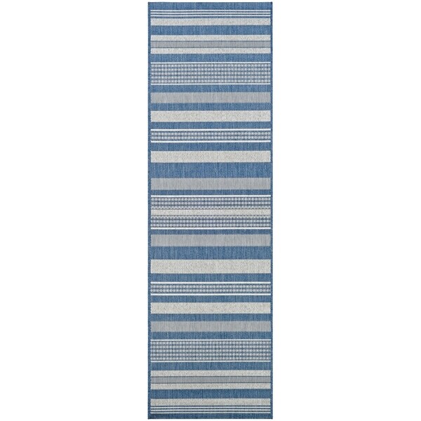 Pergola Bower Stripe Champagne-Blue Indoor/Outdoor Runner Rug - 2'3" x 7'10" Runner