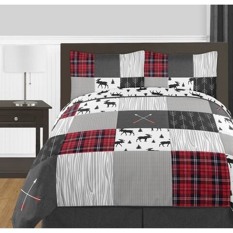 Sweet Jojo Designs Grey Black Red Woodland Plaid Arrow Rustic Patch Collection Boy 3pc Full / Queen-size Comforter Set
