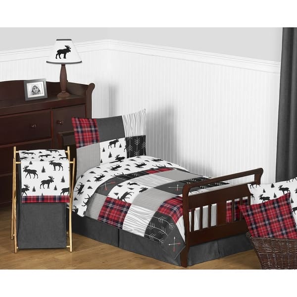 slide 2 of 5, Sweet Jojo Designs Grey Black Red Woodland Plaid and Arrow Rustic Patch Collection Boy 5pc Toddler-size Comforter Set