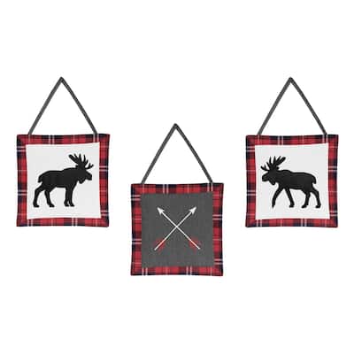 Sweet Jojo Designs Grey, Black and Red Woodland Plaid and Arrow Rustic Patch Collection Wall Hangings (Set of 3)