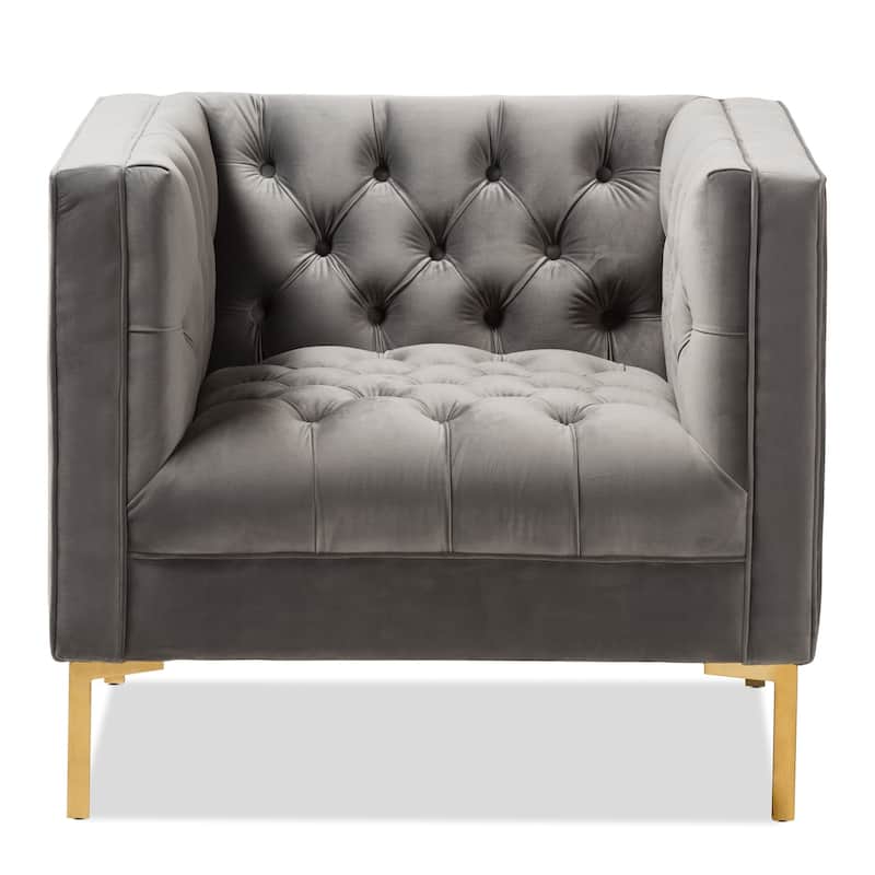 Glam Velvet and Gold Finished Lounge Chair - Grey