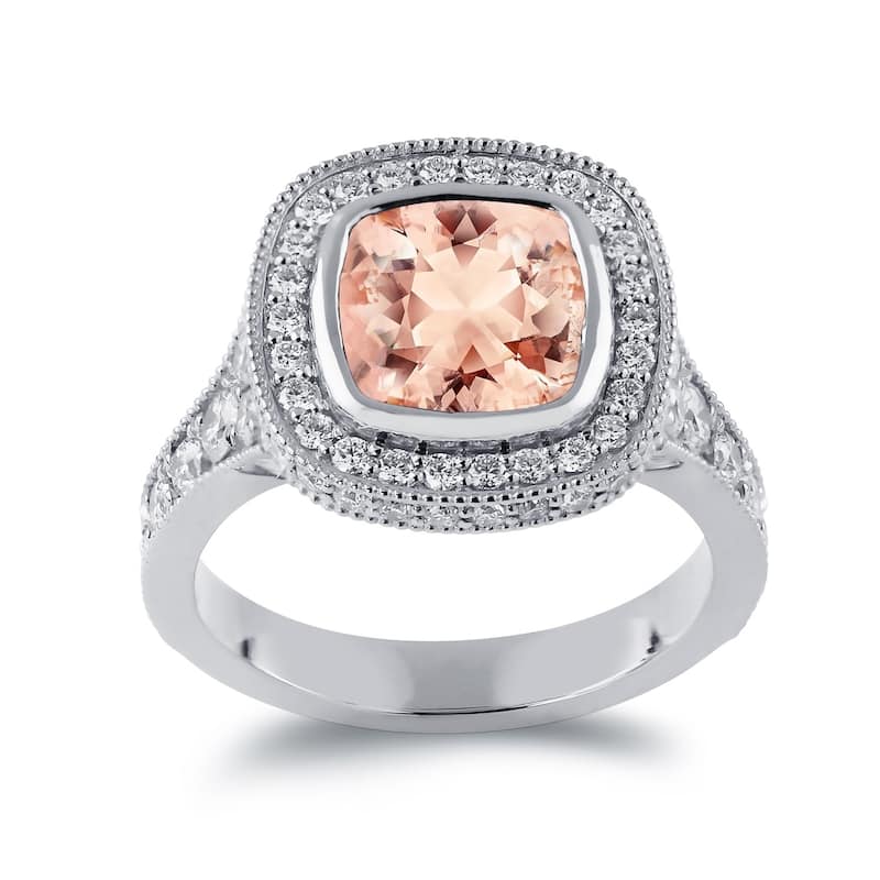 Auriya Vintage 3 1/2ct Cushion-Cut Morganite and 1 3/8ctw Halo Diamond Engagement Ring 14k Gold - 6 - White