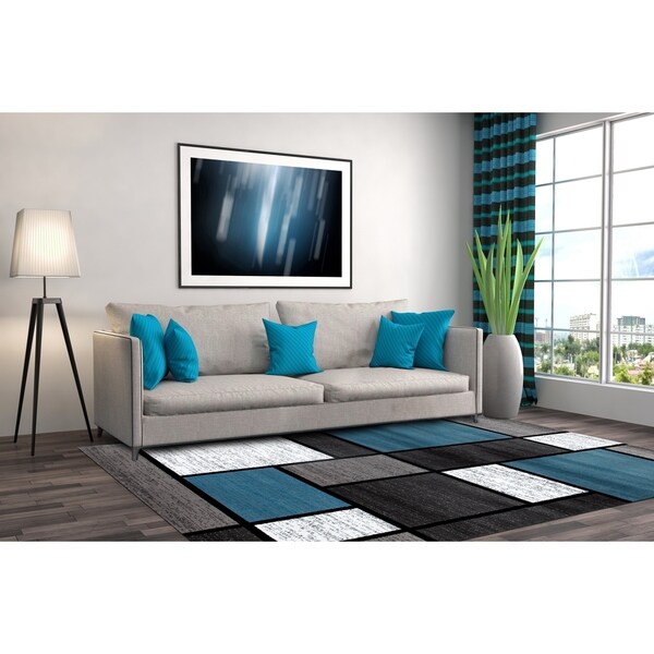 Blue/Grey Polypropylene Contemporary Modern Boxes Area Rug - 10' x 14'