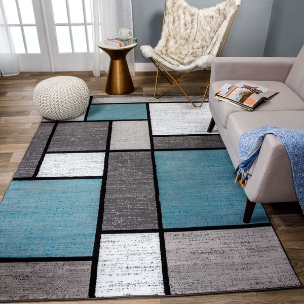 Blue/Grey Polypropylene Contemporary Modern Boxes Area Rug - 6'6" x 9'