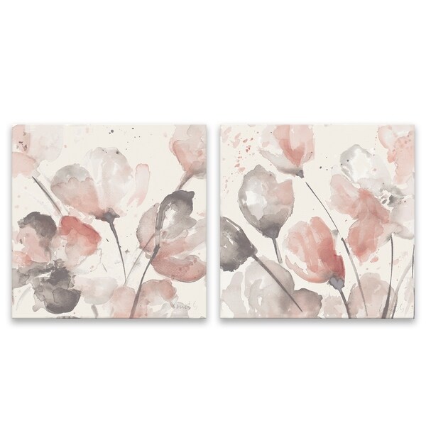 "Neutral Pink Floral" Hand Embellished Canvas - Set of 2, 14W x 14H x 1.25D each - Multi-color