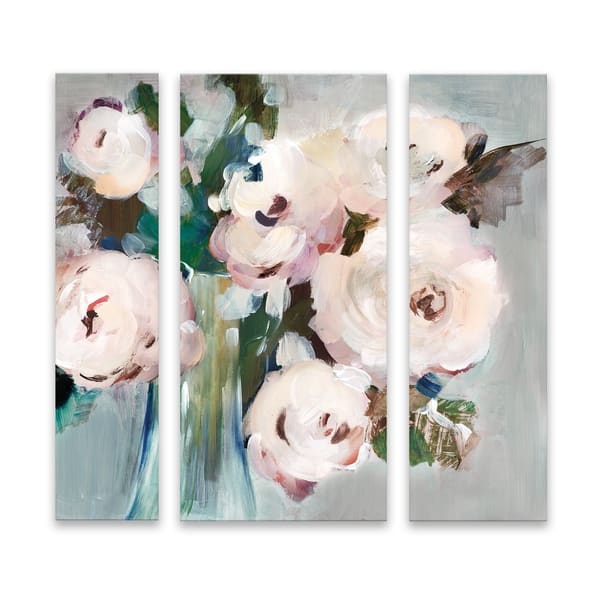 "Pale Pink Bouquet I" Hand Embellished Canvas Set of 3, 26W x 26H x 1
