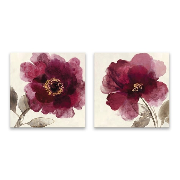 "Crimson Peony I & II" Hand Embellished Canvas - Set of 2, 14W x 14H x 1.25D each - Multi-color
