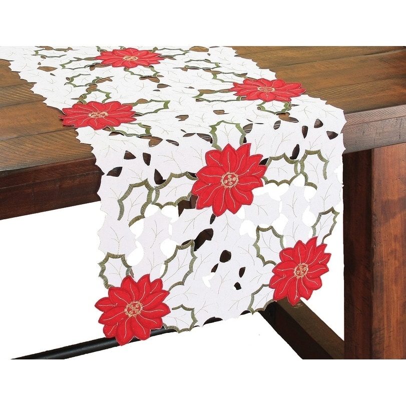 Holiday Poinsettia Embroidered Cutwork Mini Table Runner, 12 by 28-Inch