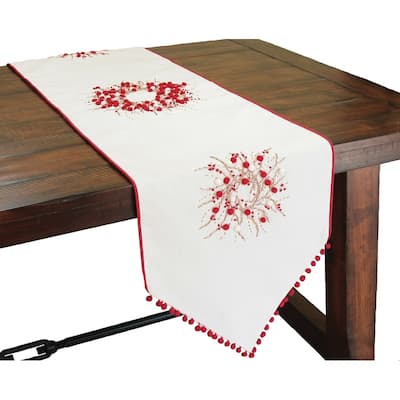 Holiday Berry Wreath Ribbon and Pom Pom Embroidered Double Layer Table Runner, 16 by 54-Inch