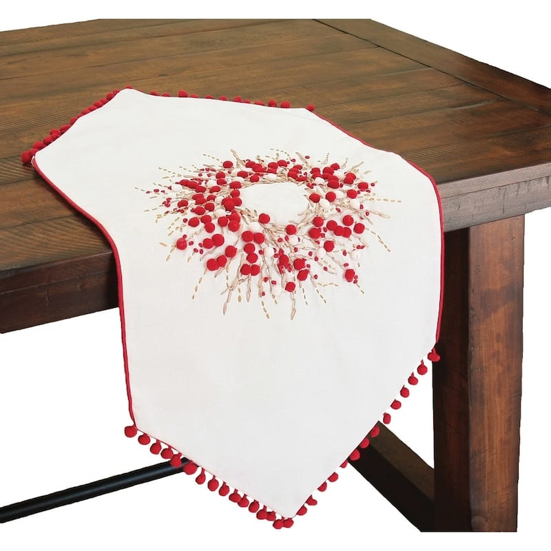 Holiday Berry Wreath Ribbon and Pom Pom Embroidered Double Layer Table Runner, 16 by 54-Inch