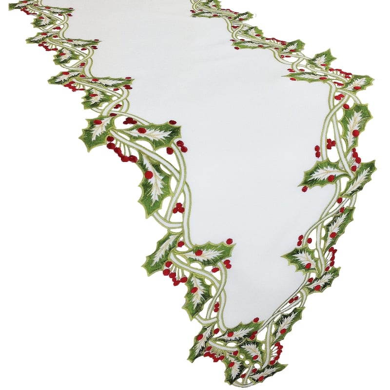 Holiday Holly Embroidered Cutwork Table Runner, 15 by 54-Inch, Green