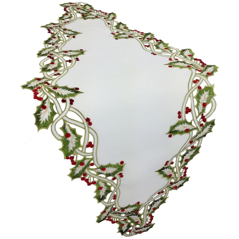 Holiday Holly Embroidered Cutwork Table Runner, 15 by 54-Inch, Green