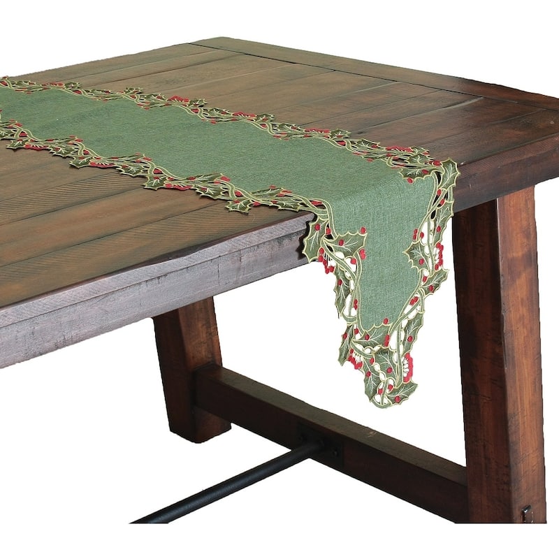 Holiday Holly Embroidered Cutwork Table Runner, 15 by 54-Inch, Green