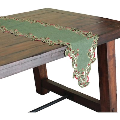 Holiday Holly Embroidered Cutwork Table Runner, 15 by 54-Inch, Green