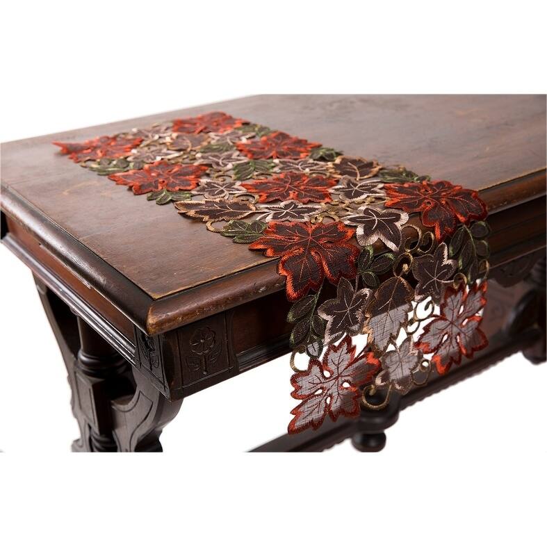 Dainty Leaf Embroidered Cutwork Mini Fall Table Runner, 12 by 28-Inch